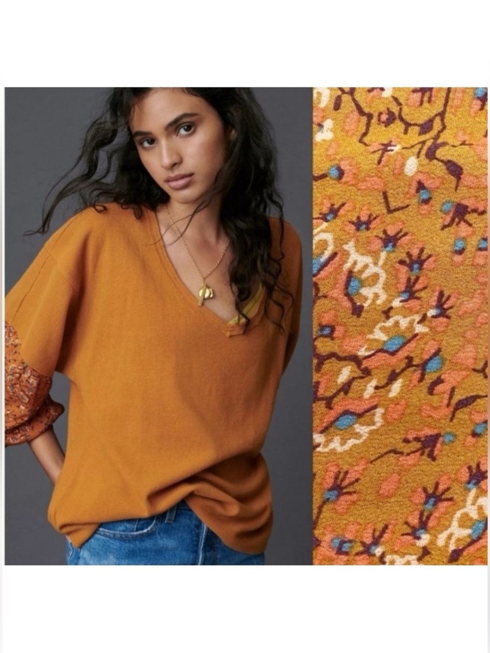 Anthropologie Annette Waffle Knit Vneck Floral Sleeve Top Size L Fall Bohemian